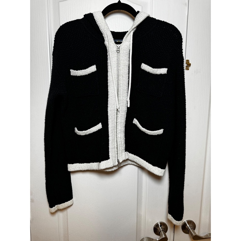 Maeve Anthropologie Black White Contrast Trim Zip Up Hooded Cardigan - Picture 3 of 7
